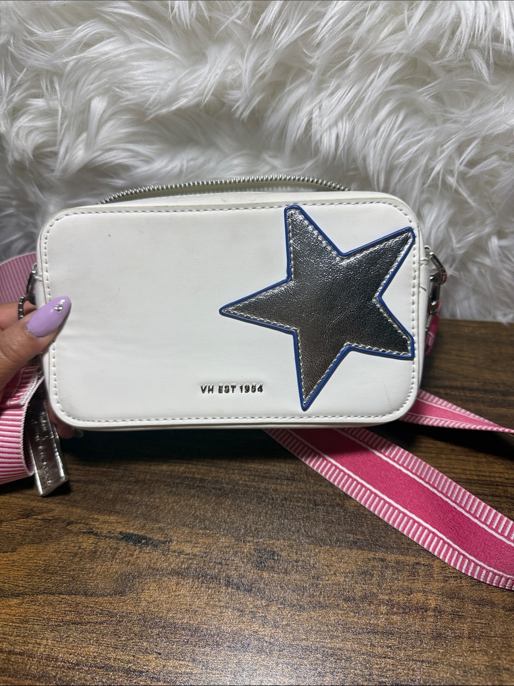 White Crossbody Camera Bag with Silver Star Accent and Pink Strap